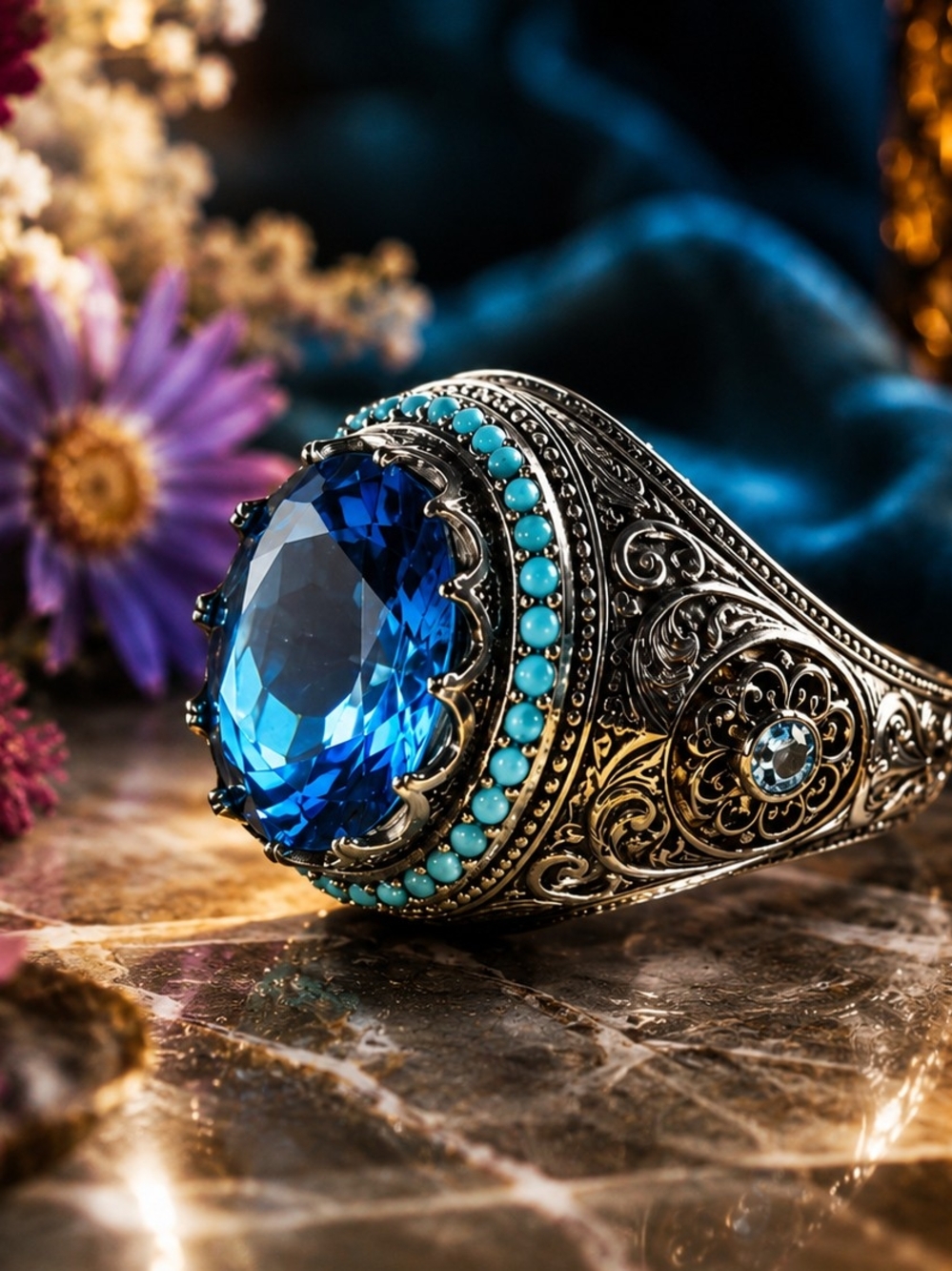 Men's Size 8 Ornate Silver Tone Ring Blue Center Stone Filigree Statement Pinky